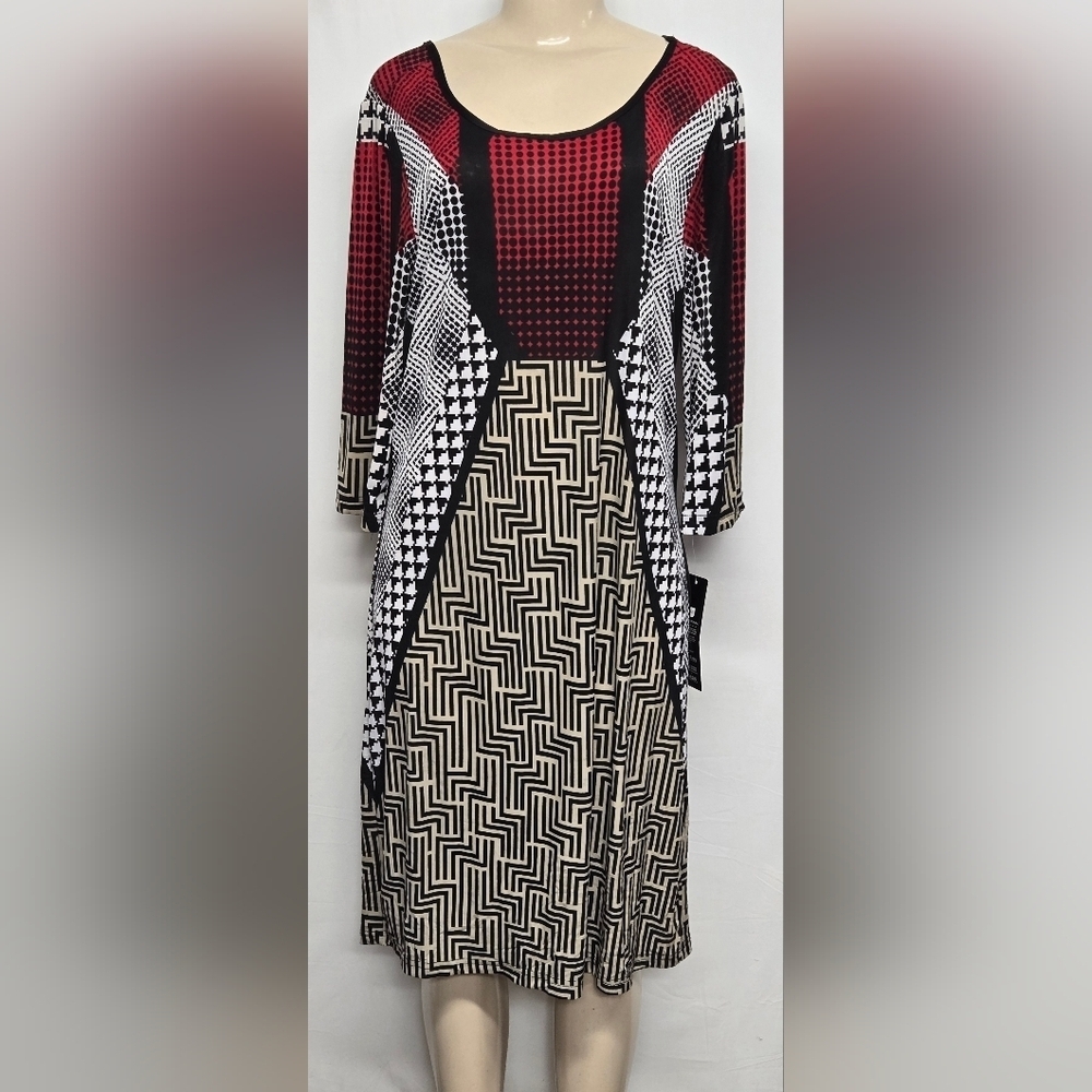 Mlle Gabrielle Dress 1X Slinky Stretch Knit Midi Abstract Half Sleeve Flowy